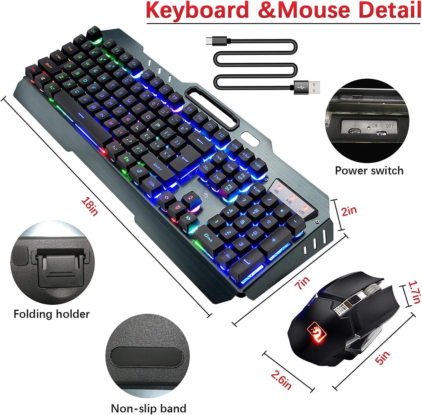 Wireless Gaming Keyboard and Mouse Combo,3 in 1 Rainbow LED Rechargeable Keyboard Mouse with 3800Mah Battery Metal Panel,10 Colors RGB Gaming Mouse Pad (32.5X12X0.15 Inch),7 Colors Mute Gaming Mouse