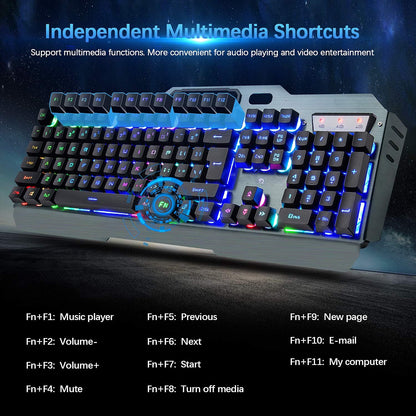 Wireless Gaming Keyboard and Mouse Combo,3 in 1 Rainbow LED Rechargeable Keyboard Mouse with 3800Mah Battery Metal Panel,10 Colors RGB Gaming Mouse Pad (32.5X12X0.15 Inch),7 Colors Mute Gaming Mouse