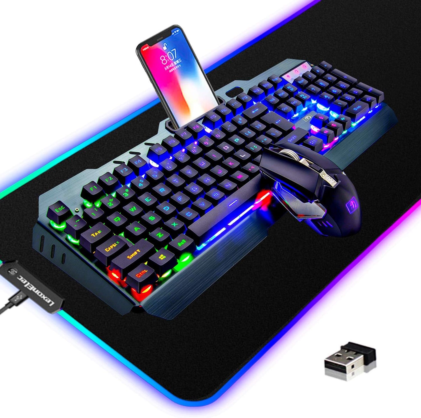 Wireless Gaming Keyboard and Mouse Combo,3 in 1 Rainbow LED Rechargeable Keyboard Mouse with 3800Mah Battery Metal Panel,10 Colors RGB Gaming Mouse Pad (32.5X12X0.15 Inch),7 Colors Mute Gaming Mouse