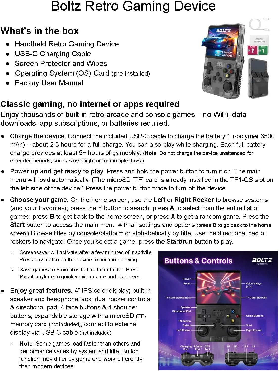 Boltz Retro Handheld Game Console with 20,503 Built-In Games, 3.75" IPS Screen Portable Retro Gaming Console RK3326 Quad-Core Emulator System, Dual Joystick Handheld Gaming Device with 3500Mah Battery