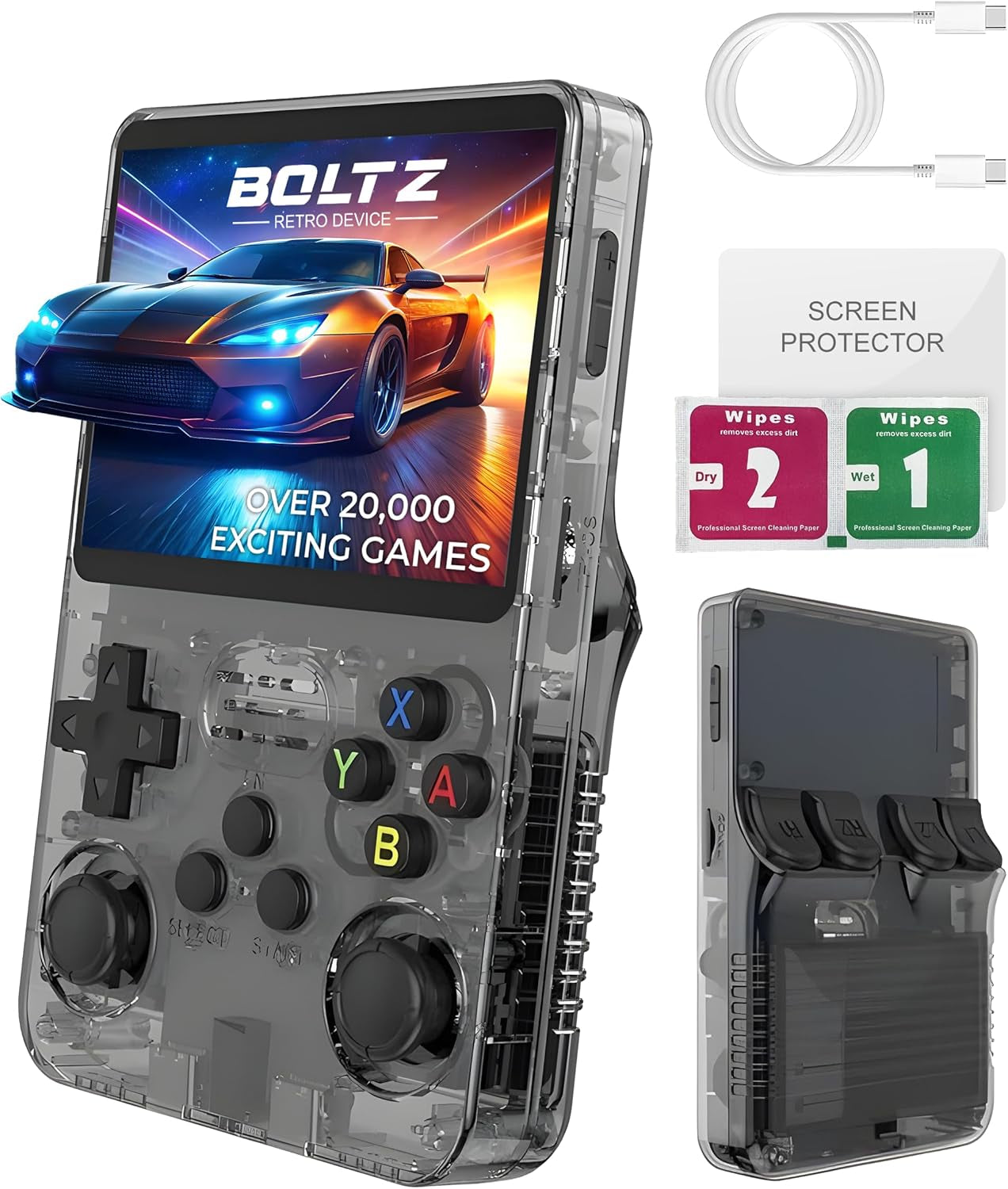 Boltz Retro Handheld Game Console with 20,503 Built-In Games, 3.75" IPS Screen Portable Retro Gaming Console RK3326 Quad-Core Emulator System, Dual Joystick Handheld Gaming Device with 3500Mah Battery