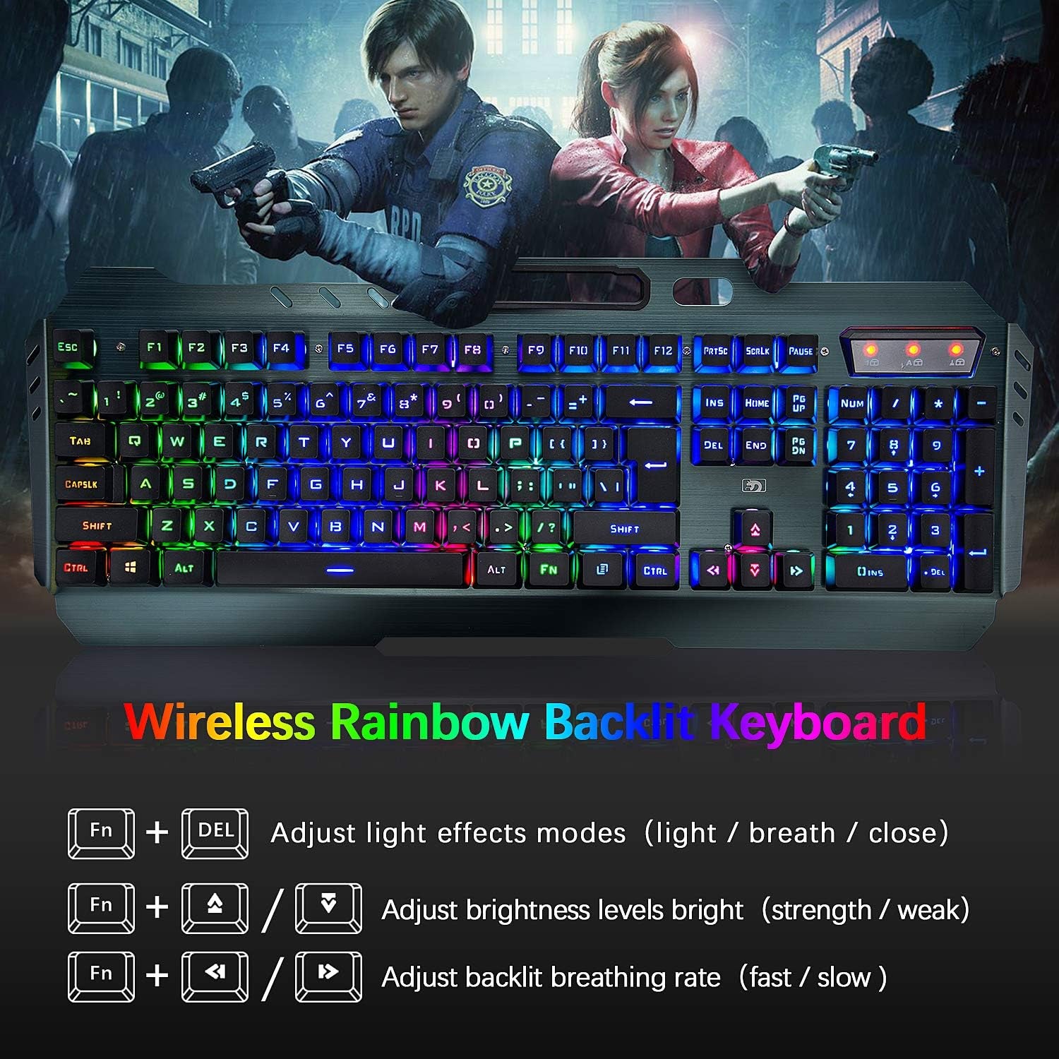 Wireless Gaming Keyboard and Mouse Combo,3 in 1 Rainbow LED Rechargeable Keyboard Mouse with 3800Mah Battery Metal Panel,10 Colors RGB Gaming Mouse Pad (32.5X12X0.15 Inch),7 Colors Mute Gaming Mouse