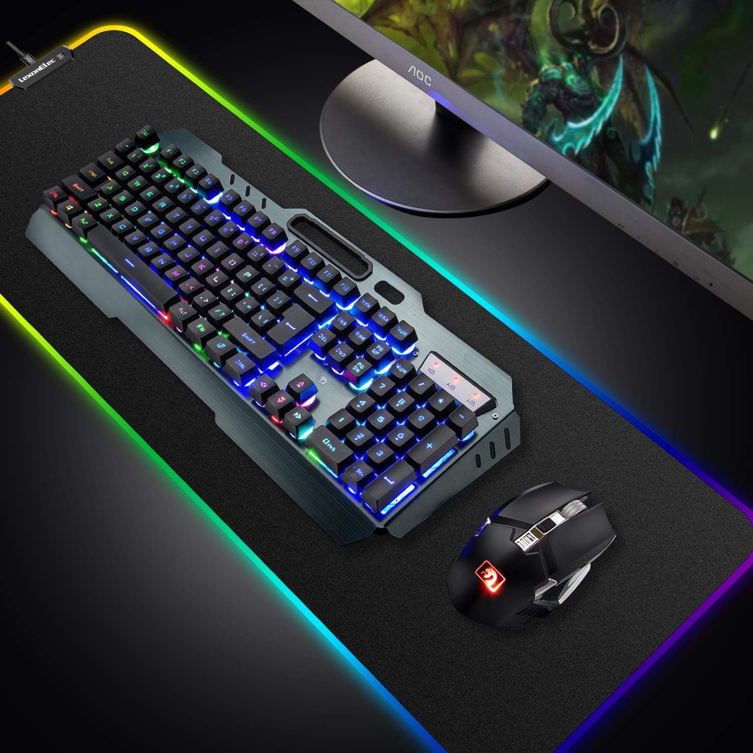 Wireless Gaming Keyboard and Mouse Combo,3 in 1 Rainbow LED Rechargeable Keyboard Mouse with 3800Mah Battery Metal Panel,10 Colors RGB Gaming Mouse Pad (32.5X12X0.15 Inch),7 Colors Mute Gaming Mouse