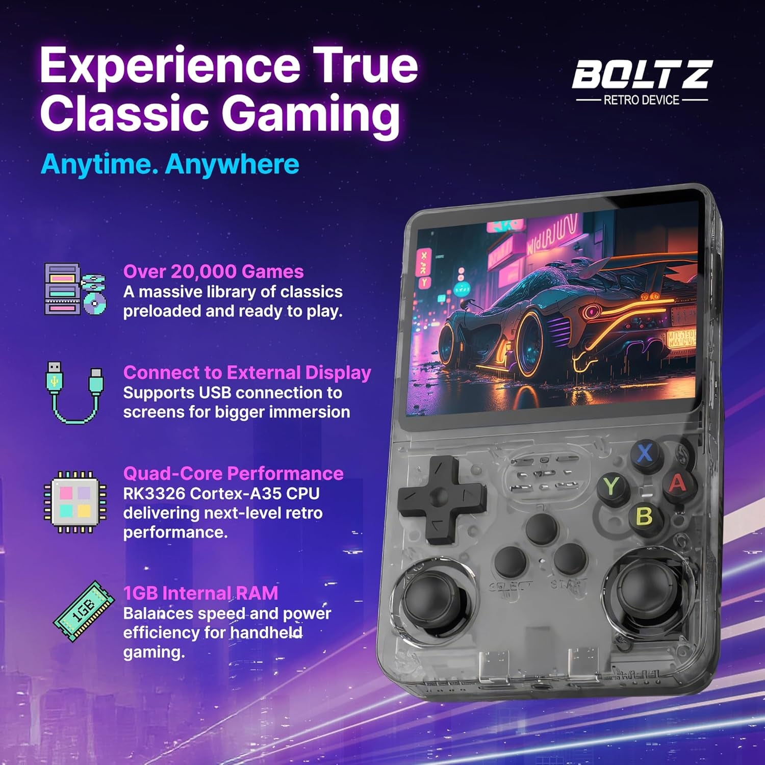 Boltz Retro Handheld Game Console with 20,503 Built-In Games, 3.75" IPS Screen Portable Retro Gaming Console RK3326 Quad-Core Emulator System, Dual Joystick Handheld Gaming Device with 3500Mah Battery