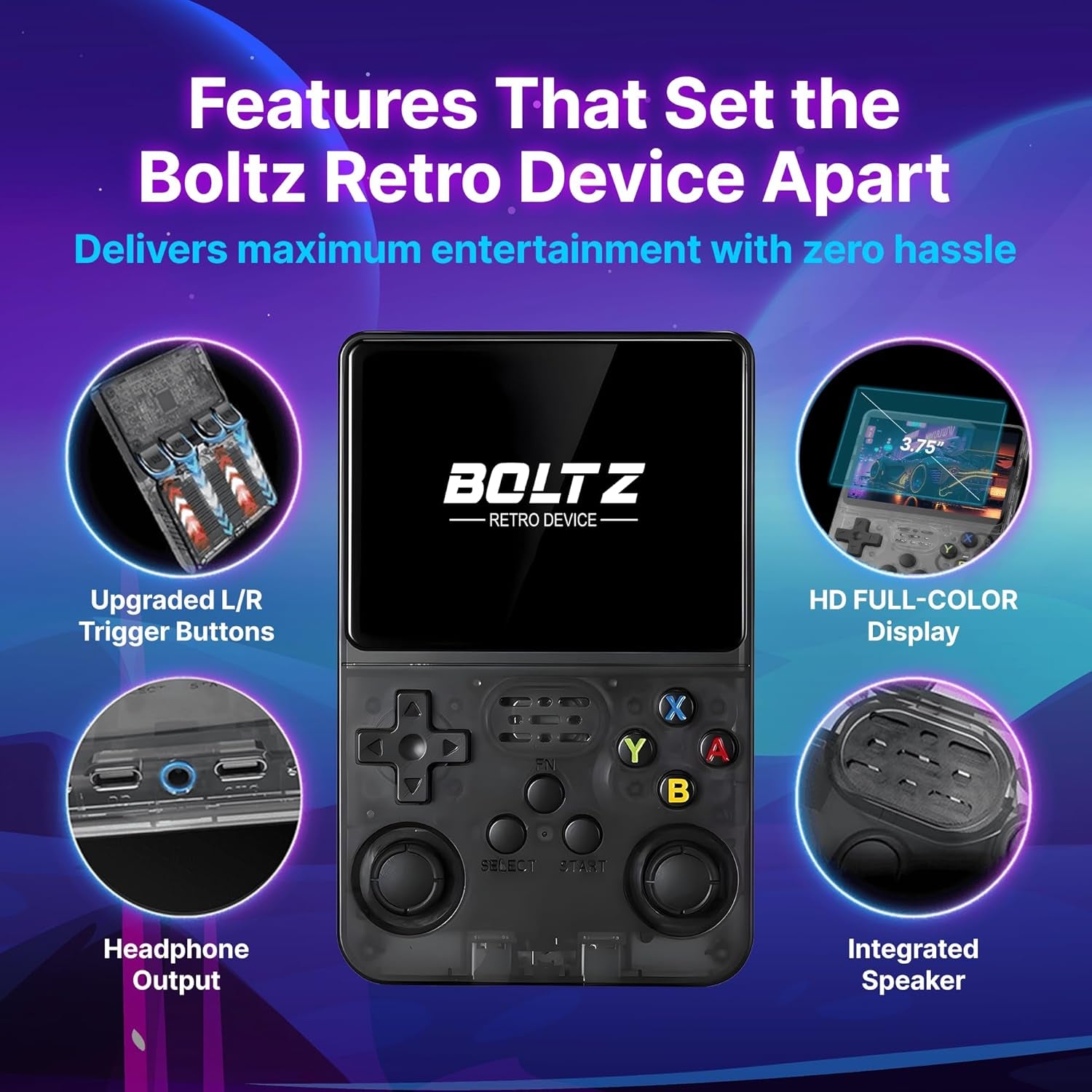 Boltz Retro Handheld Game Console with 20,503 Built-In Games, 3.75" IPS Screen Portable Retro Gaming Console RK3326 Quad-Core Emulator System, Dual Joystick Handheld Gaming Device with 3500Mah Battery