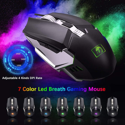 Wireless Gaming Keyboard and Mouse Combo,3 in 1 Rainbow LED Rechargeable Keyboard Mouse with 3800Mah Battery Metal Panel,10 Colors RGB Gaming Mouse Pad (32.5X12X0.15 Inch),7 Colors Mute Gaming Mouse