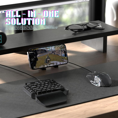 4 in 1 Mobile Game Combo Pack, One Handed Gaming Keyboard, Mouse, Converter & Adjustable Phone Stand, Half Keyboard for Mobile Phone Gaming, Fast Charging, No Latency