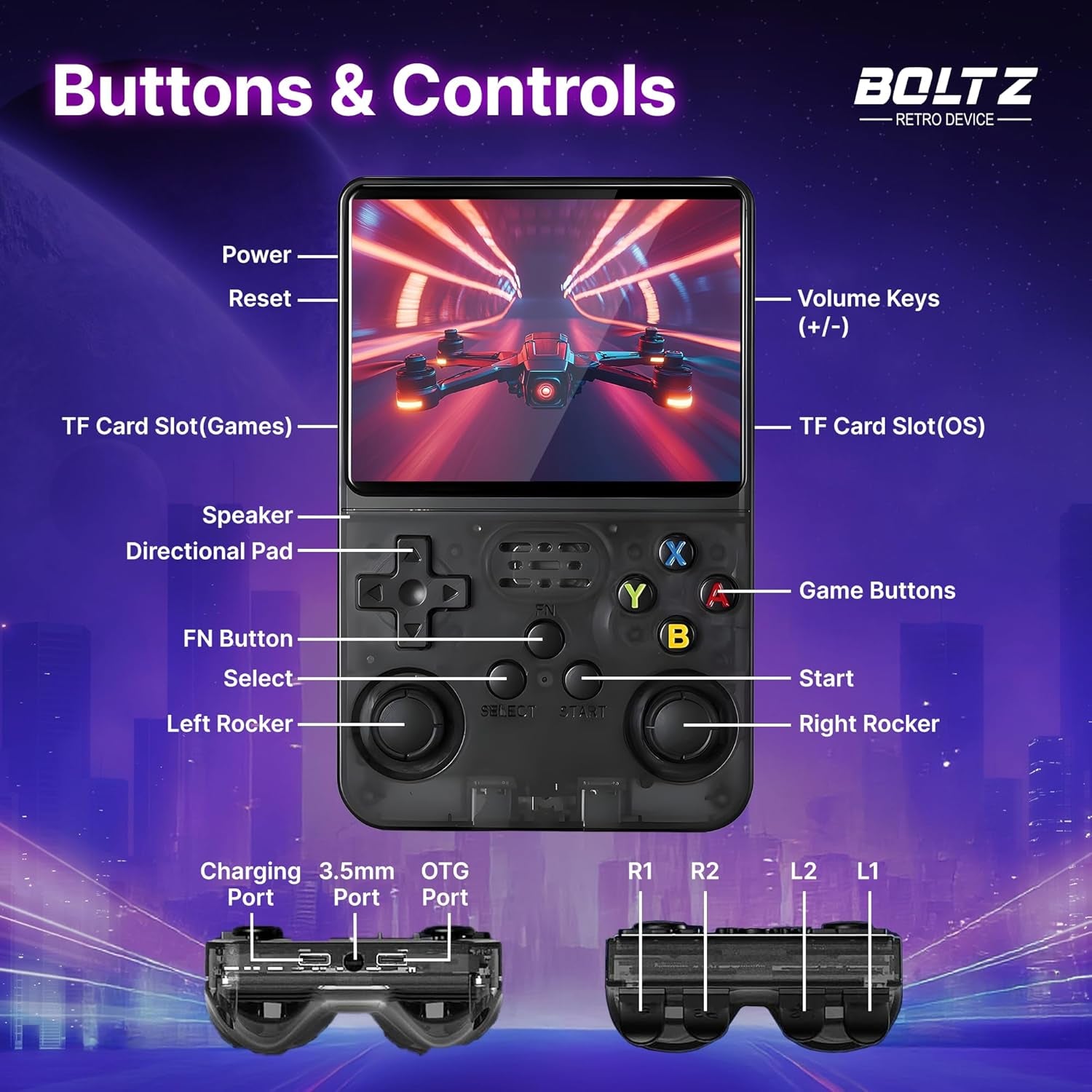Boltz Retro Handheld Game Console with 20,503 Built-In Games, 3.75" IPS Screen Portable Retro Gaming Console RK3326 Quad-Core Emulator System, Dual Joystick Handheld Gaming Device with 3500Mah Battery