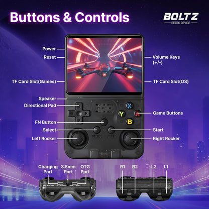 Boltz Retro Handheld Game Console with 20,503 Built-In Games, 3.75" IPS Screen Portable Retro Gaming Console RK3326 Quad-Core Emulator System, Dual Joystick Handheld Gaming Device with 3500Mah Battery