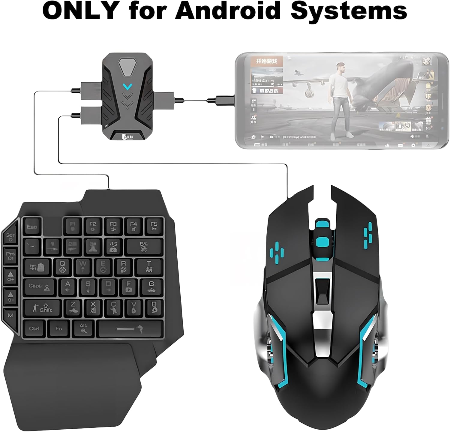 4 in 1 Mobile Game Combo Pack, One Handed Gaming Keyboard, Mouse, Converter & Adjustable Phone Stand, Half Keyboard for Mobile Phone Gaming, Fast Charging, No Latency