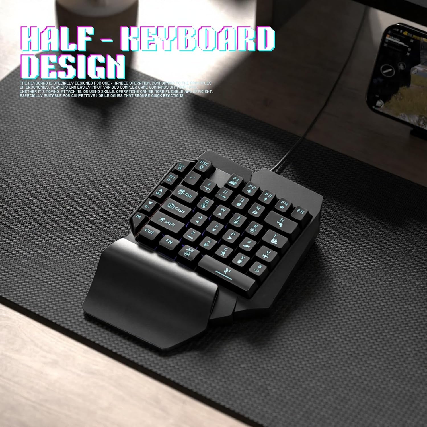 4 in 1 Mobile Game Combo Pack, One Handed Gaming Keyboard, Mouse, Converter & Adjustable Phone Stand, Half Keyboard for Mobile Phone Gaming, Fast Charging, No Latency